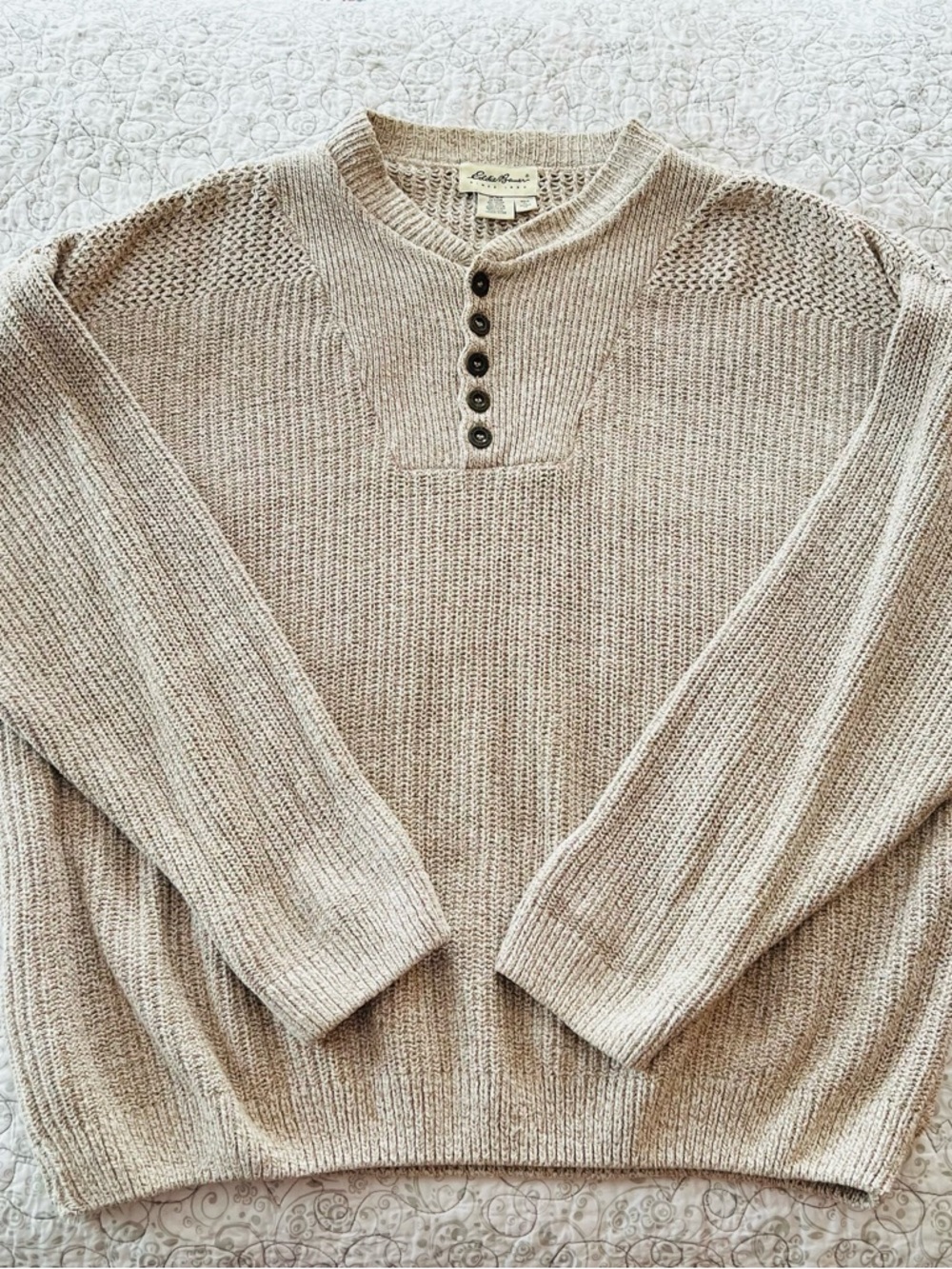 Vintage Eddie Bauer Men’s Tan Crewneck Henley Sweater Nautical Fisherman Cotton